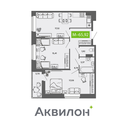 65,9 м², 2-комн. квартира, 5/9 этаж