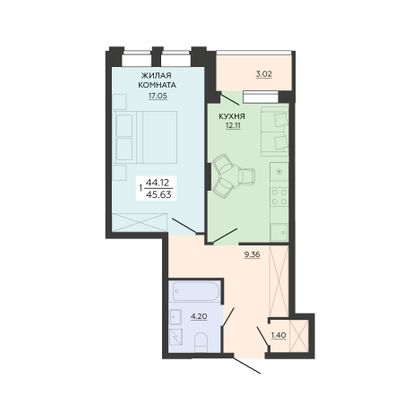 Продажа 1-комнатной квартиры 45,6 м², 2/21 этаж