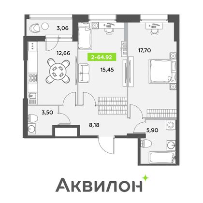 64,9 м², 2-комн. квартира, 1/12 этаж