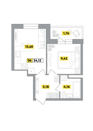 34,1 м², 2-комн. квартира, 6 этаж