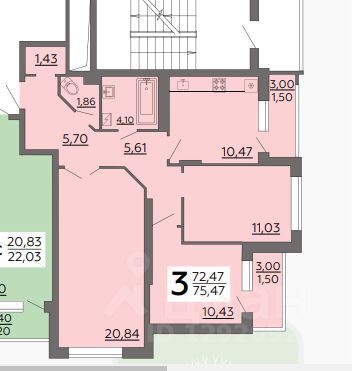 Продажа 3-комнатной квартиры 75,5 м², 11/19 этаж