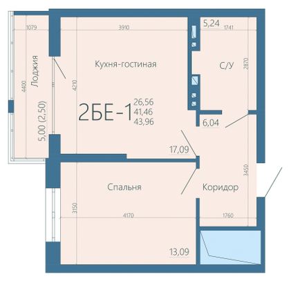 44,2 м², 2-комн. квартира, 2/15 этаж