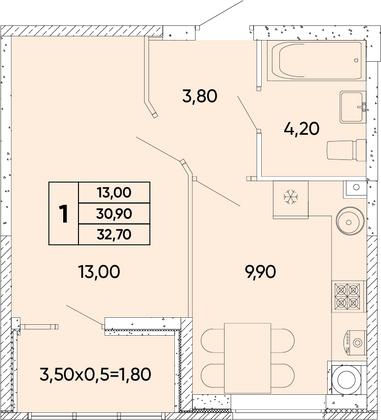 32,7 м², 1-комн. квартира, 6/9 этаж