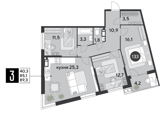 Продажа 3-комнатной квартиры 89,3 м², 15/18 этаж