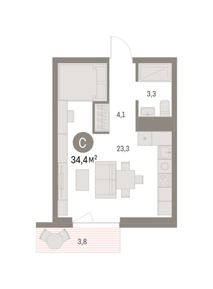 Продажа квартиры-студии 34,4 м², 6/7 этаж
