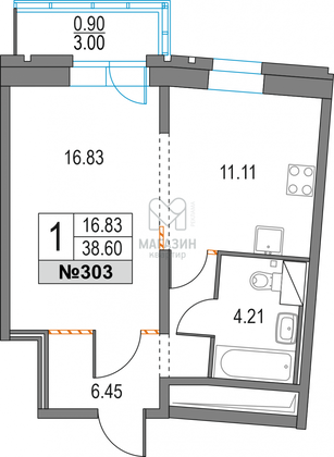 Продажа 1-комнатной квартиры 39,5 м², 2/23 этаж