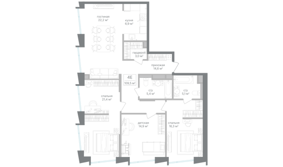 Продажа 3-комнатной квартиры 109,5 м², 23/25 этаж