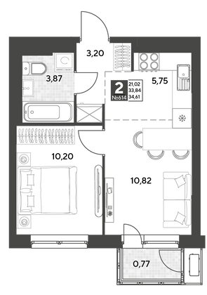Продажа 2-комнатной квартиры 34,6 м², 5/25 этаж