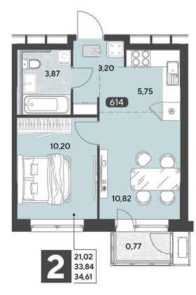 Продажа 2-комнатной квартиры 34,6 м², 5/25 этаж
