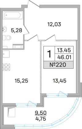 46 м², 1-комн. квартира, 5 этаж
