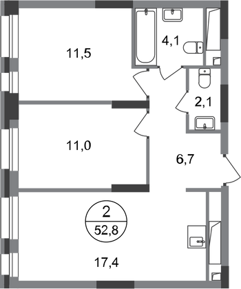 52,8 м², 2-комн. квартира, 16/20 этаж