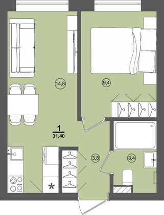 Продажа 1-комнатной квартиры 31,4 м², 3/9 этаж