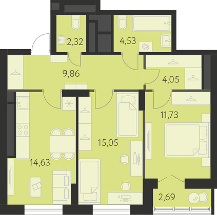 64,7 м², 2-комн. квартира, 19 этаж