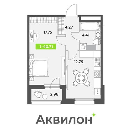 40,7 м², 1-комн. квартира, 3/12 этаж