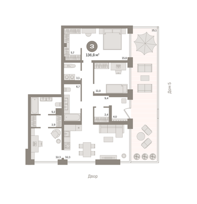 136,8 м², 3-комн. квартира, 1/7 этаж