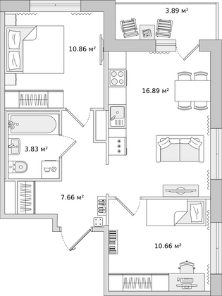 54,1 м², 2-комн. квартира, 2/15 этаж