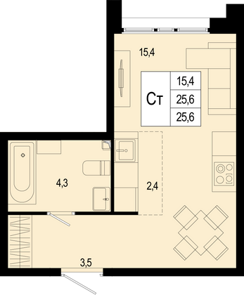 25,6 м², студия, 1/8 этаж