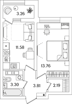 36,3 м², 1-комн. квартира, 18/23 этаж