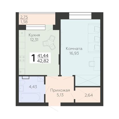 Продажа 1-комнатной квартиры 42,8 м², 9/10 этаж