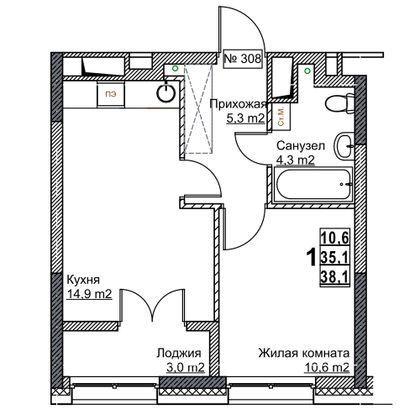 Продажа 1-комнатной квартиры 38,1 м², 23/24 этаж