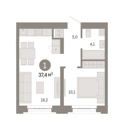 37,4 м², 1-комн. квартира, 2/7 этаж
