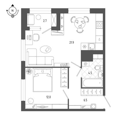 46,3 м², 1-комн. квартира, 5/18 этаж