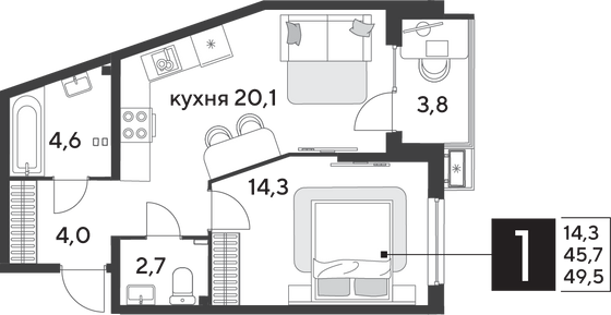 49,5 м², 1-комн. квартира, 2/18 этаж