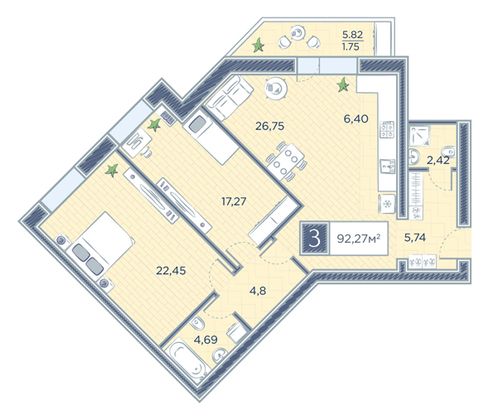 Продажа 3-комнатной квартиры 92,3 м², 2/8 этаж