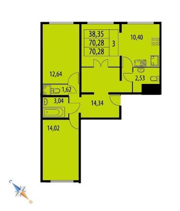 Продажа 3-комнатной квартиры 69,9 м², 1/20 этаж