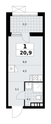 20,9 м², 1-комн. квартира, 6/21 этаж