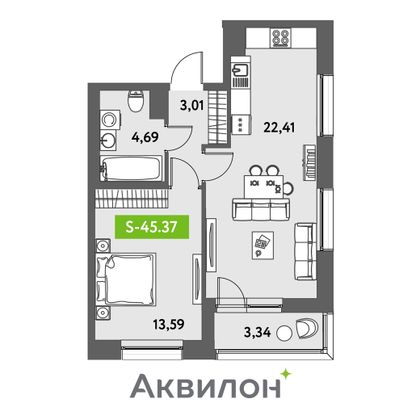 45,4 м², 1-комн. квартира, 12/12 этаж