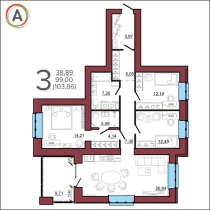 Продажа 3-комнатной квартиры 103,9 м², 4/14 этаж