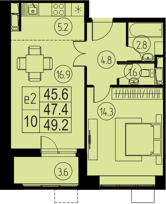 47,4 м², 2-комн. квартира, 15/17 этаж