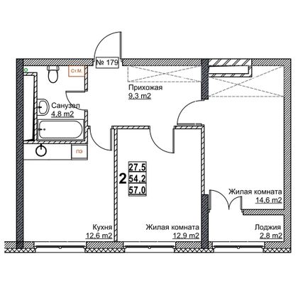 Продажа 2-комнатной квартиры 57 м², 6/24 этаж