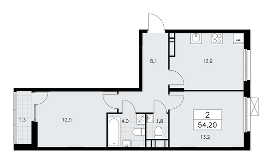 54,2 м², своб. планировка, 9/10 этаж