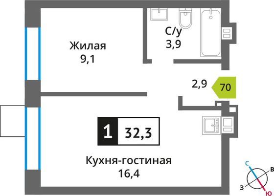 Продажа 1-комнатной квартиры 32,3 м², 3/9 этаж