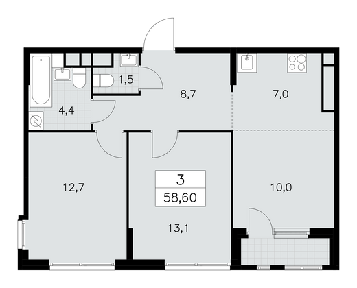 58,6 м², 3-комн. квартира, 25/30 этаж