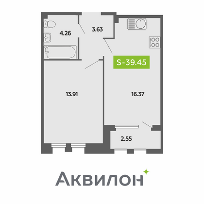 39,5 м², 1-комн. квартира, 3/4 этаж