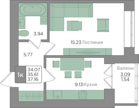 Продажа 1-комнатной квартиры 35,6 м², 1/9 этаж