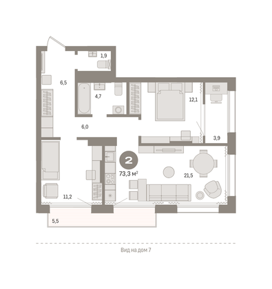 73,3 м², 2-комн. квартира, 16/17 этаж