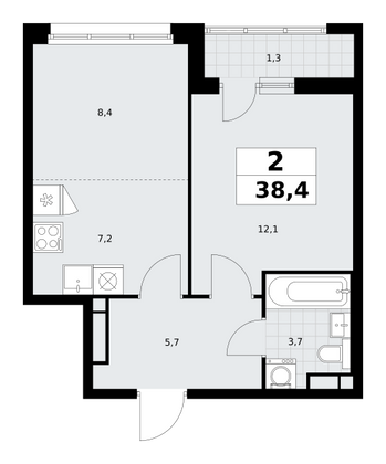 38,4 м², 2-комн. квартира, 6/9 этаж