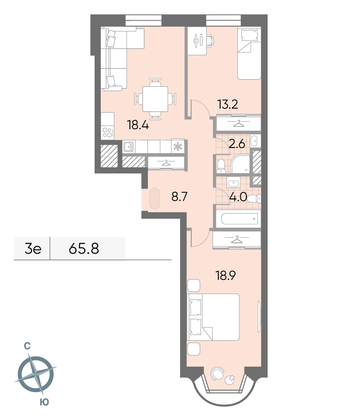 65,8 м², 2-комн. квартира, 14/16 этаж