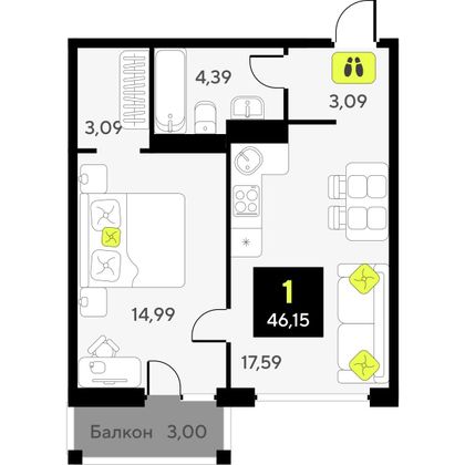 46,2 м², 1-комн. квартира, 2/10 этаж