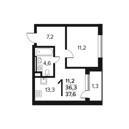 Продажа 1-комнатной квартиры 37,6 м², 1/12 этаж