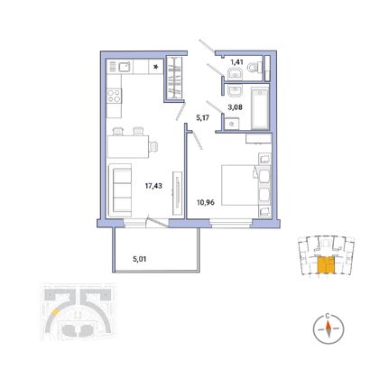 43 м², 1-комн. квартира, 2/8 этаж