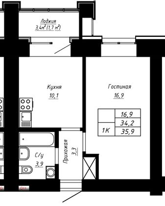 35,9 м², 1-комн. квартира, 2/16 этаж