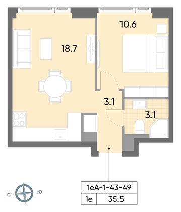 Продажа 1-комнатной квартиры 35,5 м², 47/52 этаж