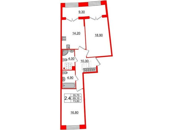 Продажа 2-комнатной квартиры 69,1 м², 6/8 этаж