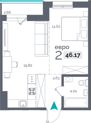 46,2 м², 1-комн. квартира, 3/15 этаж