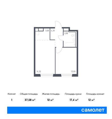 37,6 м², 1-комн. квартира, 10/12 этаж